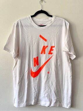 Nike White Tee with Neon Orange Swoosh and Split Logo